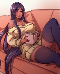 Rule 34 | 1girl, absurdres, ayanobro, blue eyes, book, breasts, cleavage, couch, dark-skinned female, dark skin, facepaint, fate (series), highres, large breasts, lips, long hair, lying, off-shoulder sweater, off shoulder, parted bangs, pillow, purple hair, reading, scheherazade (fate), solo, sweater, thick thighs, thighhighs, thighs, zettai ryouiki