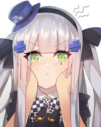Rule 34 | 1girl, :t, animal, black bow, black cat, black hairband, blue headwear, blush, bow, cat, checkered bow, checkered clothes, closed mouth, commentary, facial mark, girls&#039; frontline, green eyes, hair bow, hair ornament, hairband, hands on another&#039;s cheeks, hands on another&#039;s face, hat, highres, hk416 (black kitty&#039;s gift) (girls&#039; frontline), hk416 (girls&#039; frontline), long hair, meow nyang, mini hat, nose blush, official alternate costume, pout, silver hair, simple background, solo focus, tilted headwear, two side up, upper body, v-shaped eyebrows, white background