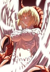 Rule 34 | 1girl, blonde hair, blood, body fur, breasts, centauroid, dragon girl, dungeon meshi, falin touden, falin touden (chimera), feathered wings, feathers, highres, kamatanu free, large breasts, looking at viewer, short hair, tail, taur, wings, yellow eyes