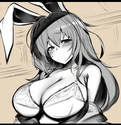 Rule 34 | 1girl, animal ears, blush, breasts, cleavage, closed mouth, commentary, greyscale with colored background, highres, large breasts, long hair, looking at viewer, mizuga, rabbit ears, rabbit girl, reisen udongein inaba, sweatdrop, symbol-only commentary, touhou, upper body