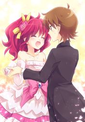 Rule 34 | 10s, 1boy, 1girl, aino megumi, alternate hairstyle, bow, brown hair, couple, dancing, dress, elbow gloves, closed eyes, flower, formal, gloves, hair flower, hair ornament, holding hands, happinesscharge precure!, hetero, jewelry, kousetsu, necklace, pink bow, pink hair, precure, sagara seiji, short hair, smile, strapless, strapless dress, suit