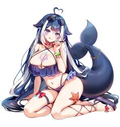 Rule 34 | 1girl, ahoge, animal ears, arm tattoo, barefoot, bikini, black hair, blue bikini, bow, breast tattoo, breasts, cetacean tail, collar, commentary, fins, fish tail, foxyreine, full body, heart, heart ahoge, highres, indie virtual youtuber, large breasts, long hair, looking at viewer, multicolored hair, navel, orca girl, purple eyes, red bow, red collar, revision, shylily, shylily (bikini), simple background, solo, starfish, streaked hair, sunglasses, swimsuit, tail, tattoo, very long hair, virtual youtuber, white background, white hair