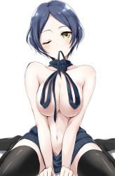 Rule 34 | 10s, 1girl, backless dress, backless outfit, bad id, bad twitter id, bare shoulders, black hair, black thighhighs, blush, breasts, dress, earrings, halterneck, hayami kanade, idolmaster, idolmaster cinderella girls, jewelry, kuguri oimo, large breasts, looking at viewer, meme attire, mouth hold, naked sweater, navel, parted bangs, ribbed sweater, short hair, simple background, sitting, solo, sweater, sweater dress, thighhighs, turtleneck, virgin killer sweater, wardrobe error, wariza, white background, yellow eyes, zettai ryouiki
