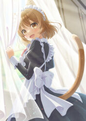Rule 34 | 1girl, animal ears, apron, back bow, blush, bow, brown hair, cat ears, cat girl, cat tail, curtains, frilled apron, frills, highres, ibuki ena, juliet sleeves, light particles, light rays, long sleeves, looking at viewer, looking back, maid, maid headdress, open mouth, original, puffy sleeves, short hair, smile, solo, sunlight, tail, window, yellow eyes