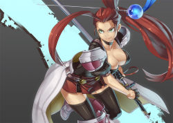 Rule 34 | 1girl, ahoge, armor, aro (charged time out), bad id, bad pixiv id, breasts, cleavage, green eyes, long hair, original, ponytail, red hair, sheath, solo, sword, thighhighs, unsheathing, weapon, zettai ryouiki