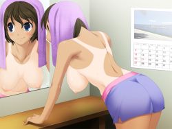 Rule 34 | 1girl, bent over, blue eyes, blush, breasts, brown hair, calendar, cleavage, closed mouth, game cg, hanging breasts, indoors, koi to mizugi to taiyo to, large breasts, mirror, nipples, reflection, short hair, shorts, smile, solo, tan, tanline, topless, towel, towel on head