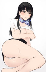 Rule 34 | 1girl, ass, bare legs, barefoot, black hair, black skirt, blue neckerchief, breasts, brown eyes, cleavage, closed mouth, clothes lift, collarbone, commentary request, covering privates, covering breasts, feet out of frame, gradient background, grey background, highres, large breasts, long hair, looking at viewer, lying, miniskirt, miyabe kiwi, mole, mole under mouth, neckerchief, no bra, on side, original, panties, print neckerchief, print neckwear, shirt, shirt lift, short sleeves, sidelocks, skirt, skirt lift, smile, solo, sweat, underwear, white background, white panties, white shirt
