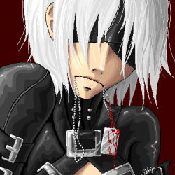Rule 34 | 1boy, blindfold, blood, dog tags, fetish wear, kau, leather, lowres, male focus, simple background, solo, togainu no chi