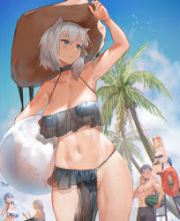 Rule 34 | 1boy, 4girls, ;d, abs, adjusting clothes, adjusting headwear, alternate costume, animal ears, ball, bare shoulders, beachball, bikini, blonde hair, blue eyes, blue hair, blue sky, blush, bracelet, braid, breasts, cloud, commentary request, cowboy shot, day, eyepatch bikini, eyewear on head, food, fruit, girls&#039; frontline, grey bikini, grey hair, hair between eyes, hair over shoulder, hat, highres, holding, holding ball, holding food, jewelry, joints, ksvk (girls&#039; frontline), large breasts, lifebuoy, lifeguard chair, long hair, looking at viewer, looking away, mole, multiple girls, navel, one eye closed, open mouth, outdoors, pandea work, parted lips, partially visible vulva, pelvic curtain, revision, robot joints, serdyukov (girls&#039; frontline), sidelocks, sitting, skindentation, sky, smile, splashing, standing, stomach, strapless, strapless bikini, straw hat, sun hat, sunglasses, swim ring, swimsuit, thighs, toned, very long hair, watermelon, wet