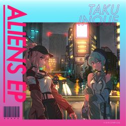 Rule 34 | album cover, artist request, blue eyes, blue hair, building, car, cover, cross, earrings, guard rail, hat, highres, hololive, hololive english, hoshimachi suisei, jewelry, looking at viewer, midriff, mori calliope, motor vehicle, night, night sky, overpass, pants, pink hair, ponytail, red eyes, ribbon, ring, road, side ponytail, sky, skyline, smile, star (symbol), street, sweatpants, torn clothes, virtual youtuber