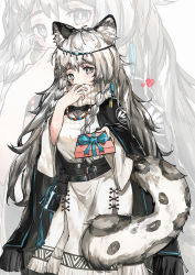Rule 34 | 1girl, animal ear fluff, animal ears, arknights, black cape, box, braid, cape, chinese commentary, circlet, commentary request, cowboy shot, dress, gift, gift box, giving, green eyes, grey hair, heart, highres, holding, holding gift, incoming gift, jewelry, leopard ears, leopard tail, long hair, looking at viewer, necklace, pramanix (arknights), solo, tail, turtleneck, turtleneck dress, valentine, white dress, yuuki mix