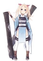 Rule 34 | 1girl, armor, blonde hair, breastplate, cannon, full body, geta, grey eyes, hair ornament, japanese clothes, long hair, long sleeves, matsumae (shirohime quest), official art, personification, sandals, shirohime quest, solo, standing, tabard, tabi, thighhighs, transparent background, twintails, weapon, white thighhighs