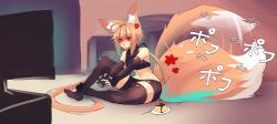 Rule 34 | 1girl, :t, absurdres, afterimage, ahoge, anger vein, animal ear fluff, animal ears, annoyed, bare shoulders, bike shorts, black gloves, black thighhighs, breasts, controller, eyes visible through hair, fingerless gloves, flan, food, fox ears, fox girl, fox tail, frown, gloves, highres, kitsune, large tail, orange hair, original, pout, pudding, red eyes, sitting, small breasts, sub-res, suzu (sub-res), tail, tail wagging, thick thighs, thighhighs, thighs