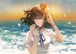 Rule 34 | 1girl, blue ribbon, brown eyes, brown hair, flower, fly (marguerite), hands up, looking at viewer, ocean, original, outdoors, ribbon, shirt, short sleeves, solo, standing, twilight, upper body, white shirt, wristband