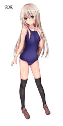 Rule 34 | 1girl, arm up, black thighhighs, brown eyes, brown hair, commentary request, hand on own chest, highres, kansyasai, long hair, one-piece swimsuit, original, school swimsuit, shoes, solo, swimsuit, thighhighs