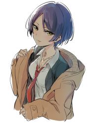Rule 34 | 1girl, black jacket, blue hair, breasts, cleavage, coat, collared shirt, commentary request, earrings, fingernails, hayami kanade, highres, idolmaster, jacket, jewelry, looking at viewer, medium breasts, musshu (omu001), necklace, necktie, off shoulder, red necktie, shirt, short hair, simple background, sleeves past wrists, smile, solo, undressing, upper body, white background, white shirt, wing collar, yellow eyes