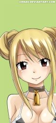 Rule 34 | 1girl, animal print, bell, blonde hair, blush, bra, breasts, brown eyes, collar, cow print, cowbell, fairy tail, lucy heartfilia, simple background, smile, solo, taurus form, underwear