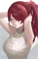 1girl adjusting_hair bare_shoulders breasts closed_mouth drill_hair drill_ponytail eyelashes hair_over_one_eye hand_up highres kirijou_mitsuru konchi_(63438789) long_hair medium_breasts official_alternate_hairstyle parted_bangs persona persona_3 ponytail red_hair ribbed_sweater shadow shirt simple_background sleeveless sleeveless_shirt sleeveless_sweater sleeveless_turtleneck smile solo sweater turtleneck turtleneck_sweater upper_body white_background white_shirt white_sweater