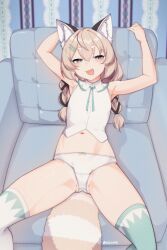 Rule 34 | 1girl, :d, animal ear fluff, animal ears, armchair, armpits, arms up, asymmetrical legwear, bare arms, bare shoulders, blue thighhighs, blush, bow, bow panties, braid, brown hair, chair, collared shirt, dress shirt, feet out of frame, hair between eyes, half-closed eyes, indoors, komachi panko, long hair, looking at viewer, low twintails, lying, mismatched legwear, navel, no pants, on back, on chair, open mouth, panties, phase connect, purple eyes, shirt, short eyebrows, sleeveless, sleeveless shirt, smile, solo, spread legs, tail, thick eyebrows, thighhighs, tilt-shift (azalanz), twin braids, twintails, twitter username, underwear, virtual youtuber, white panties, white shirt, white thighhighs