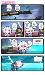 Rule 34 | 1girl, 1other, absurdres, astral express (honkai: star rail), camera, character name, chibi, closed eyes, closed mouth, comic, commentary, english commentary, english text, flower ornament, flying, full body, highres, honkai: star rail, honkai (series), jacket, march 7th (honkai: star rail), marin liekuriva, motion blur, motion lines, multicolored eyes, open mouth, pom-pom (honkai: star rail), red headwear, smile, space, speech bubble, standing, tied jacket, train, two-tone eyes, upper body