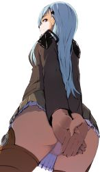 Rule 34 | 10s, 1girl, aqua hair, ass, covering privates, covering ass, foreshortening, from below, hair ornament, hairclip, highres, kantai collection, long hair, looking at viewer, momo (higanbana and girl), panties, pantyshot, school uniform, simple background, skirt, solo, suzuya (kancolle), thighhighs, underwear, upskirt, white background