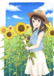 Rule 34 | 1girl, :d, blue eyes, breast pocket, brown hair, casual, cloud, day, flower, hat, highres, long hair, low twintails, okiru, open mouth, original, pocket, shirt, skirt, sky, sleeveless, sleeveless shirt, smile, solo, straw hat, sun hat, sunflower, twintails