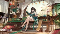 Rule 34 | 1girl, architecture, bamboo scroll, barefoot, bird, black footwear, black hair, blurry, book, book stack, breasts, calligraphy brush, chair, china dress, chinese clothes, cleavage, crossed legs, cup, curtains, depth of field, dress, east asian architecture, full body, gloves, green eyes, hair between eyes, hair ornament, high heels, highres, holding, holding instrument, honkai: star rail, honkai (series), huge breasts, indoors, instrument, lantern, large breasts, lattice, long hair, looking at viewer, music, paintbrush, pantyhose, plant, playing instrument, ruan, ruan mei (honkai: star rail), scenery, shelf, shoe dangle, sitting, smile, solo, table, teacup, teapot, thigh strap, v-von, vase, window, wooden floor