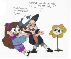 Rule 34 | 1boy, 1girl, alternate universe, braces, brown hair, crossover, dipper pines, english text, flower, flowey (undertale), glaring, gravity falls, hairband, hat, hood, hoodie, incoming hug, mabel pines, mudkipful, o o, siblings, sketch, smile, striped clothes, striped sweater, sweater, twins, undertale, vest