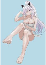 Rule 34 | 1girl, absurdres, azur lane, barefoot, breasts, feet, highres, kearsarge (azur lane), leaves and clouds, light blush, long hair, looking at viewer, parted lips, pink eyes, ponytail, soles, toes, towel, white hair