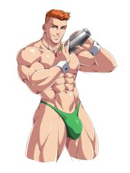 Rule 34 | 1boy, abs, absurdres, bara, bulge, cocktail shaker, commission, dc comics, green eyes, green lantern (series), green male underwear, guy gardner, highres, jewelry, large pectorals, looking at viewer, male focus, male underwear, muscular, muscular male, navel, necklace, nipples, orange hair, pectorals, ring, sgt crisis, short hair, smile, solo, thick thighs, thighs, thong, undercut, underwear, wrist cuffs
