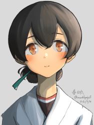Rule 34 | 1girl, black hair, blue ribbon, brown eyes, character name, commentary request, dated, folded ponytail, grey background, hair ribbon, highres, japanese clothes, kantai collection, kasuga maru (kancolle), long hair, looking at viewer, one-hour drawing challenge, ribbon, simple background, smile, solo, swept bangs, twitter username, umibudou, upper body