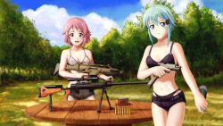 Rule 34 | 10s, 2girls, anti-materiel rifle, assault rifle, bikini, bipod, blue eyes, blue hair, bolt action, breasts, cartridge, cleavage, extended magazine, glock, gun, h&amp;k g36c, handgun, highres, hk vp70, lisbeth (sao), locked slide, looking at viewer, multiple girls, navel, open mouth, pgm hecate ii, pink hair, pistol, red eyes, rifle, scope, short hair, short shorts, shorts, sinon, small breasts, smile, sniper rifle, striped bikini, striped clothes, swimsuit, sword art online, trigger discipline, weapon