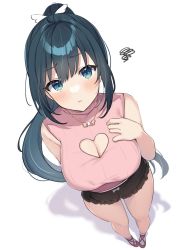 Rule 34 | 1girl, amano nene (vtuber), bare shoulders, black eyes, black hair, blush, breasts, cleavage, cleavage cutout, clothing cutout, foreshortening, heart cutout, jewelry, large breasts, long hair, looking at viewer, looking up, necklace, okiq, original, pink sweater vest, ponytail, pouty lips, production kawaii, socks, solo, sweater vest, very long hair, virtual youtuber, wing hair ornament