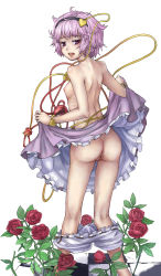 Rule 34 | 1girl, absurdres, anus, ass, back, bloomers, bloomers pull, breasts, clothes lift, flower, hairband, heart, highres, komeiji satori, looking at viewer, looking back, nipples, open mouth, purple eyes, purple hair, pussy, red flower, red rose, rose, short hair, skirt, skirt lift, small breasts, solo, third eye, topless, touhou, uncensored, underwear, undressing, yossyzero