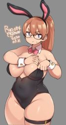 Rule 34 | 1girl, 2020, agawa ryou, animal ears, annoyed, bare shoulders, black-framed eyewear, breasts, brown eyes, brown hair, commentary, dated, fake animal ears, glasses, grey background, large breasts, long hair, looking at viewer, navel, original, playboy bunny, ponytail, rabbit ears, simple background, skindentation, solo, sweatdrop, thick thighs, thigh strap, thighs
