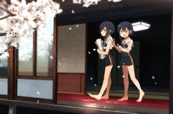 Rule 34 | 2girls, annin musou, architecture, asymmetrical hair, bad id, bad twitter id, barefoot, black hair, blurry, bokeh, carrying, cherry blossoms, commentary request, depth of field, east asian architecture, grey eyes, hair between eyes, hand on another&#039;s shoulder, i-13 (kancolle), i-14 (kancolle), kantai collection, multiple girls, open mouth, petals, pointing, sailor collar, school swimsuit, short hair, sidelocks, smile, swimsuit, swimsuit under clothes, veranda