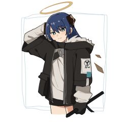 Rule 34 | 1girl, arknights, arm behind head, arm up, black gloves, black jacket, black shorts, blue eyes, blue hair, blush, brown wings, commentary request, cropped legs, detached wings, fur-trimmed hood, fur trim, gloves, grey shirt, hair between eyes, halo, highres, holding, hood, hood down, hooded jacket, horns, jacket, layered sleeves, long hair, looking at viewer, mostima (arknights), open clothes, open jacket, pe3075, shirt, shorts, simple background, solo, white background, wings