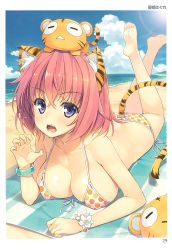 Rule 34 | &gt;:d, 1girl, :d, absurdres, animal ears, ass, back, bare arms, bare legs, bare shoulders, barefoot, beach, beach towel, bikini, blush, bow, bracelet, breasts, cat ears, cat tail, claw pose, cleavage, cloud, collarbone, covered erect nipples, creature, day, feet, front-tie bikini top, front-tie top, highres, horizon, jewelry, kneepits, kotora (toranoana), looking at viewer, lying, medium breasts, ocean, on stomach, open mouth, outdoors, page number, pink hair, polka dot, polka dot bikini, purple eyes, ribbon, scan, shiny skin, shore, smile, soles, solo, sun, sunlight, swimsuit, tail, tareme, teeth, the pose, tiger ears, tiger tail, toes, toranoana, towel, v-shaped eyebrows, water, white bow, white ribbon, wristband, yuuki hagure