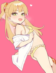 Rule 34 | 1girl, ass, bare shoulders, bikini, bikini under clothes, blonde hair, blush, breasts, breath, clothes pull, commentary, fangs, feet out of frame, frilled bikini, frills, green eyes, hair bobbles, hair ornament, heart, heart-shaped pupils, idolmaster, idolmaster cinderella girls, jougasaki rika, long hair, looking at viewer, looking back, moyori, open clothes, open mouth, open shirt, pink background, shirt, simple background, skirt, skirt around one leg, skirt pull, small breasts, smile, solo, sweatdrop, swimsuit, symbol-shaped pupils, two side up, undressing, white shirt, yellow bikini