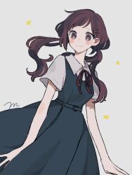 Rule 34 | 1girl, blue dress, blush, brown eyes, brown hair, closed mouth, collared shirt, dress, hair ornament, hairclip, long hair, looking at viewer, low twintails, maco22, neck ribbon, original, pinafore dress, red ribbon, ribbon, school uniform, shirt, short sleeves, signature, simple background, sleeveless, sleeveless dress, smile, solo, star (symbol), twintails, white background, white shirt