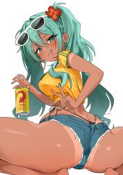 1girl :q aqua_eyes aqua_hair blush brazilian_miku can dark-skinned_female dark_skin denim denim_shorts earrings eyewear_on_head flower frayed_shorts from_behind gold_earrings green_nails hair_between_eyes hair_flower hair_ornament hatsune_miku highres holding holding_can jewelry long_hair looking_at_viewer looking_back nikuya_(nikuniku_nikuya) panties rectangular_earrings shirt short_shorts shorts shorts_tan side-tie_panties simple_background solo spread_legs squatting sunglasses tan tanline tanline_peek tongue tongue_out twintails underwear v vocaloid white-framed_eyewear white_background yellow_nails yellow_shirt