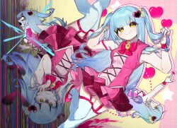 Rule 34 | 1girl, blood, blue hair, bow, bowtie, breasts, broken heart, closed mouth, dress, empty eyes, feather-trimmed sleeves, feather trim, garter straps, heart, highres, lobotomy corporation, looking at viewer, magical girl, medium breasts, multiple views, nanle, no pupils, open mouth, pink blood, pink bow, pink bowtie, pink dress, pink footwear, project moon, queen of hatred, scared, shaded face, shoes, sleeveless, sleeveless dress, smile, sweat, thighhighs, two side up, white thighhighs, wrist cuffs, yellow eyes