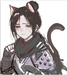 Rule 34 | 1girl, animal ears, animification, apex legends, black bodysuit, black gloves, black hair, black scarf, blush, bodysuit, cat ears, cat girl, cat tail, chinese commentary, gloves, hair behind ear, hair bun, kemonomimi mode, liangcha126, looking down, paw pose, scarf, sketch, solo, sweatdrop, tail, white background, wraith (apex legends)