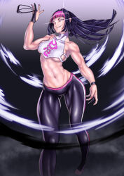 Rule 34 | 1girl, :d, abs, absurdres, black gloves, black hair, breasts, evil grin, evil smile, eyepatch, gloves, glowing, glowing eye, grin, han juri, highres, large breasts, long hair, looking at viewer, medium breasts, midriff, moto (user ksxp8545), multicolored hair, muscular, muscular female, nail polish, navel, open mouth, pants, partially fingerless gloves, pink eyes, pink hair, pink nails, smile, solo, standing, street fighter, street fighter v, teeth, two-tone hair, yoga pants