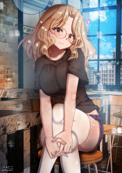 Rule 34 | 1girl, black shirt, blonde hair, blue eyes, blue shorts, blush, breasts, closed mouth, collarbone, girls und panzer, glasses, indoors, kay (girls und panzer), large breasts, long hair, looking at viewer, megadeko, military uniform, saunders military uniform, shirt, short shorts, shorts, sitting, sky, smile, solo, thighhighs, uniform, white thighhighs, window