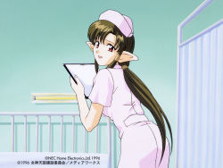 Rule 34 | 1990s (style), 1girl, anjela, ass, brown eyes, brown hair, clipboard, dress, hair tubes, hat, holding, indoors, leaning forward, long hair, long pointy ears, looking at viewer, megami paradise, nurse, nurse cap, official art, open mouth, pink dress, pointy ears, red eyes, retro artstyle, short sleeves, solo, standing, yamauchi noriyasu