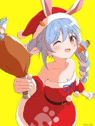 Rule 34 | 1girl, alternate costume, ama (ama ekaku), animal ears, bare shoulders, belt, black belt, blue hair, blush, braid, breasts, carrot hair ornament, chicken (food), christmas, commentary request, cowboy shot, detached sleeves, dress, drumsticks, extra ears, food, food-themed hair ornament, fur-trimmed dress, fur-trimmed headwear, fur trim, hair between eyes, hair ornament, highres, holding, holding drumsticks, holding food, hololive, long hair, looking at viewer, multicolored hair, one eye closed, open mouth, orange eyes, outstretched arms, rabbit-shaped pupils, rabbit ears, rabbit girl, red dress, red headwear, red sleeves, santa costume, santa dress, short eyebrows, sidelocks, simple background, sleeveless, sleeveless dress, small breasts, smile, solo, standing, strapless, strapless dress, symbol-shaped pupils, thick eyebrows, twin braids, twintails, two-tone hair, usada pekora, virtual youtuber, white hair, yellow background