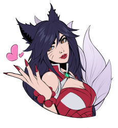 Rule 34 | 1girl, ahri (league of legends), animal ears, bead bracelet, beads, black hair, bracelet, breasts, cleavage, cropped torso, facial mark, fox ears, fox tail, gem, grey background, hair between eyes, heart, highres, jewelry, kitsune, kyuubi, large breasts, league of legends, long hair, max (max5swell), multiple tails, orange eyes, red lips, simple background, smile, solo, tail, whisker markings