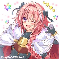 Rule 34 | 1boy, ;d, astolfo (fate), blush, braid, cape, fang, fate/apocrypha, fate/grand order, fate (series), hair intakes, hair ribbon, ittokyu, long hair, looking at viewer, lowres, male focus, one eye closed, open mouth, pink hair, pointing, pointing at self, purple eyes, ribbon, saint quartz (fate), single braid, smile, solo, star (symbol), trap