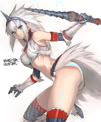 Rule 34 | 1girl, ass, blue eyes, breasts, copyright name, electricity, eyeliner, fur trim, gloves, hairband, highres, holding, holding weapon, horns, kirin (armor), long hair, makeup, medium breasts, midriff, monster hunter (series), short shorts, shorts, silver hair, single horn, solo, tetsu (kimuchi), thighhighs, thighs, vambraces, weapon